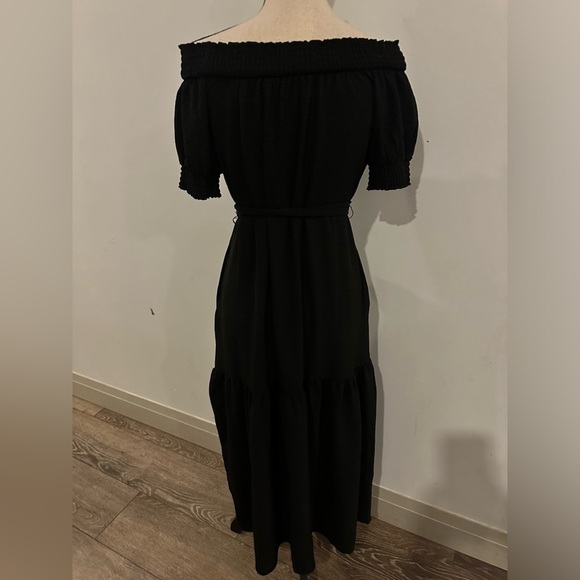 My style NWT black boho dress maxi tie waist off the shoulder pockets SZ S - Picture 5 of 6